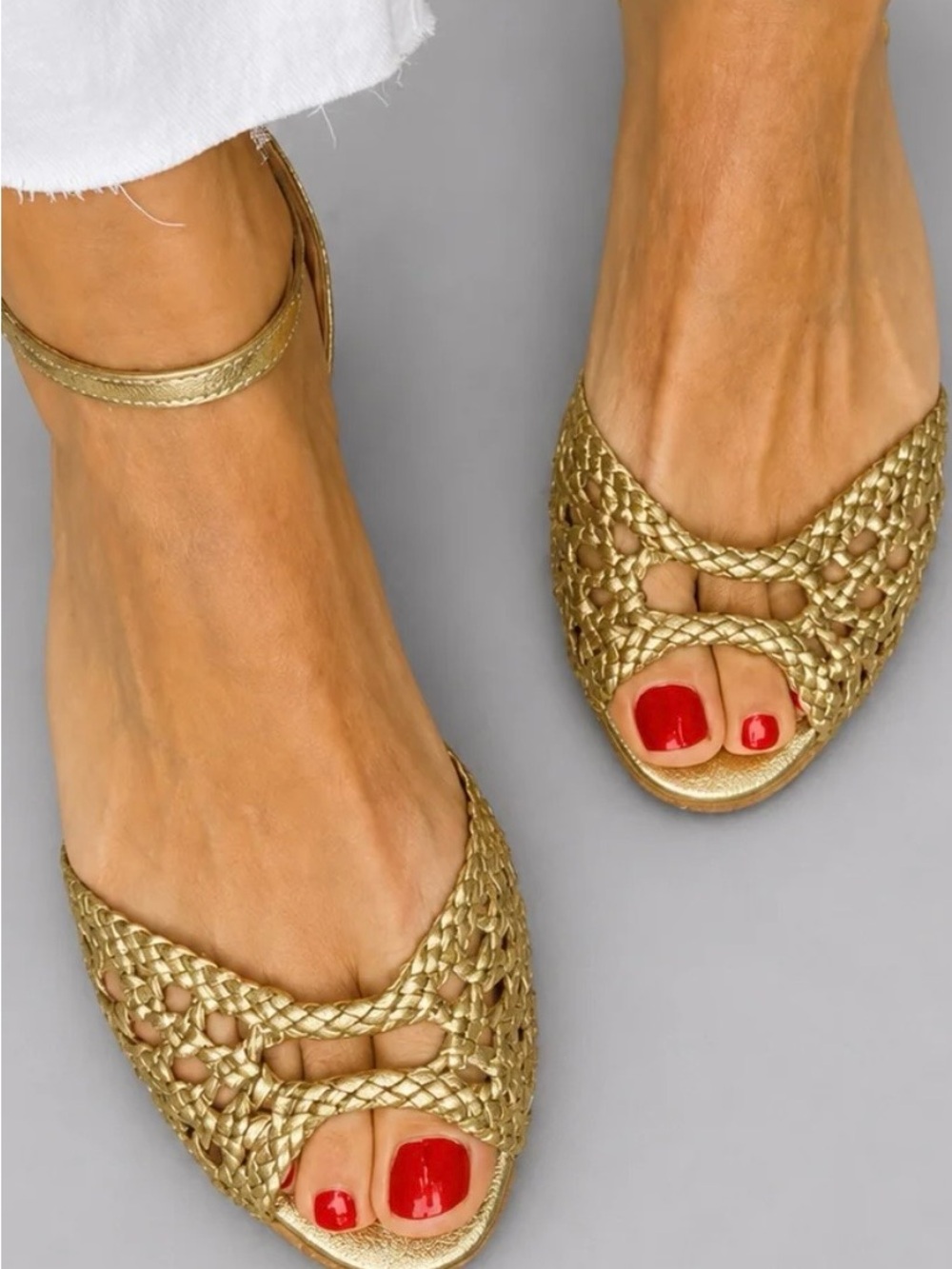 Woven Metallic Gold Ankle-Strap Sandals for Women. Size 9